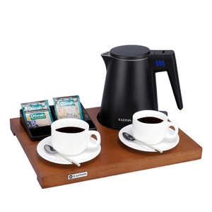  Hotel Hospitality Tray Electric Kettle 0.6L Dark Brown Beech Wood Tray And Black Sachet Tray