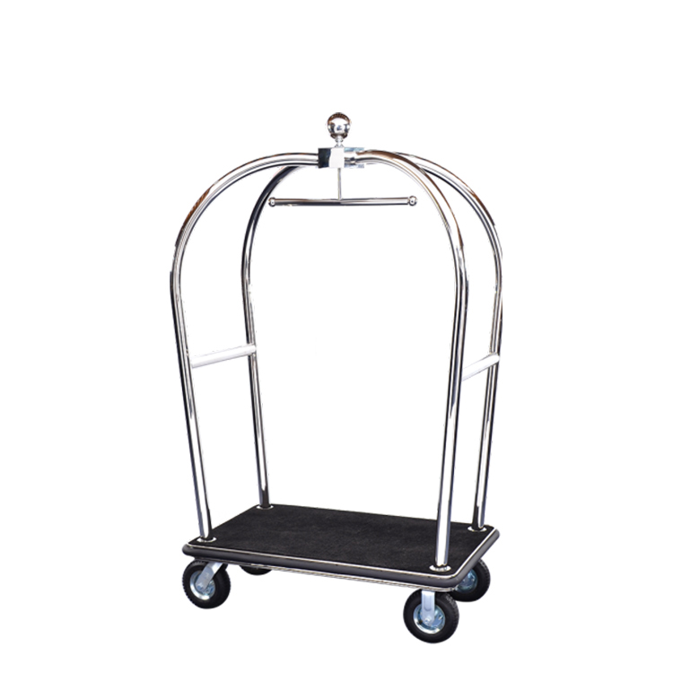 Hotel 8''pneumatic Wheels Stainless Steel Polished Finish Black Carpet Luggage Cart